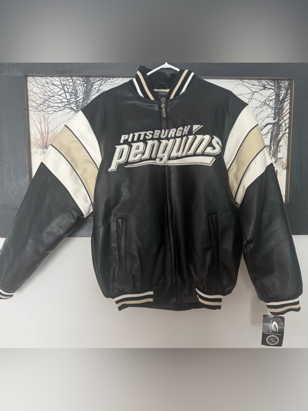 Pittsburgh Penguins Black Leather Bomber Jacket with White Accents